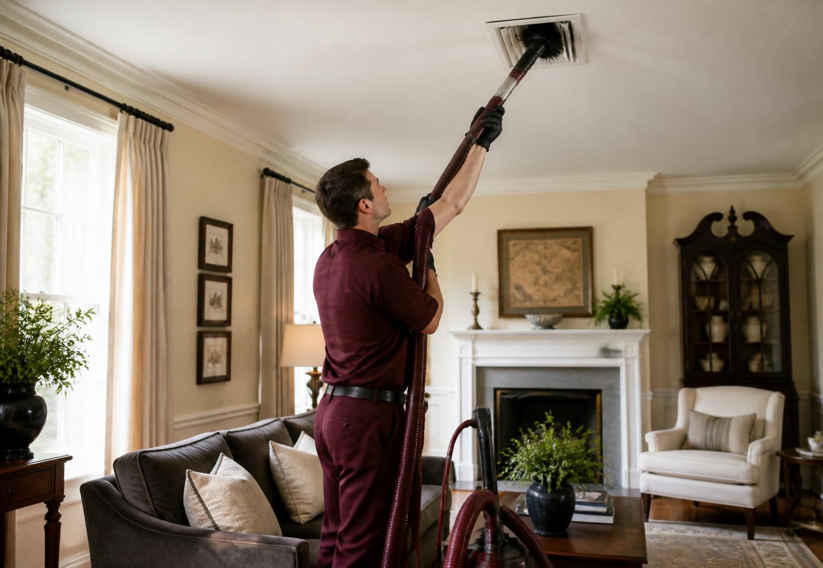 Technician in a burgundy uniform cleaning a ceiling air vent in a Raleigh, North Carolina home