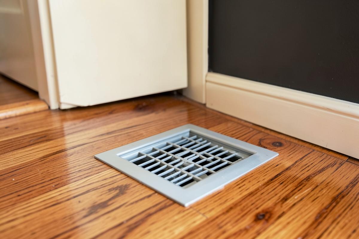 Floor register vent cover set in oak hardwood flooring in a Raleigh home